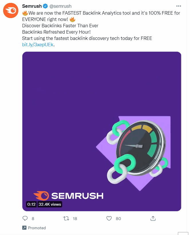 Twitter ad promoting SEMrush analytics tool