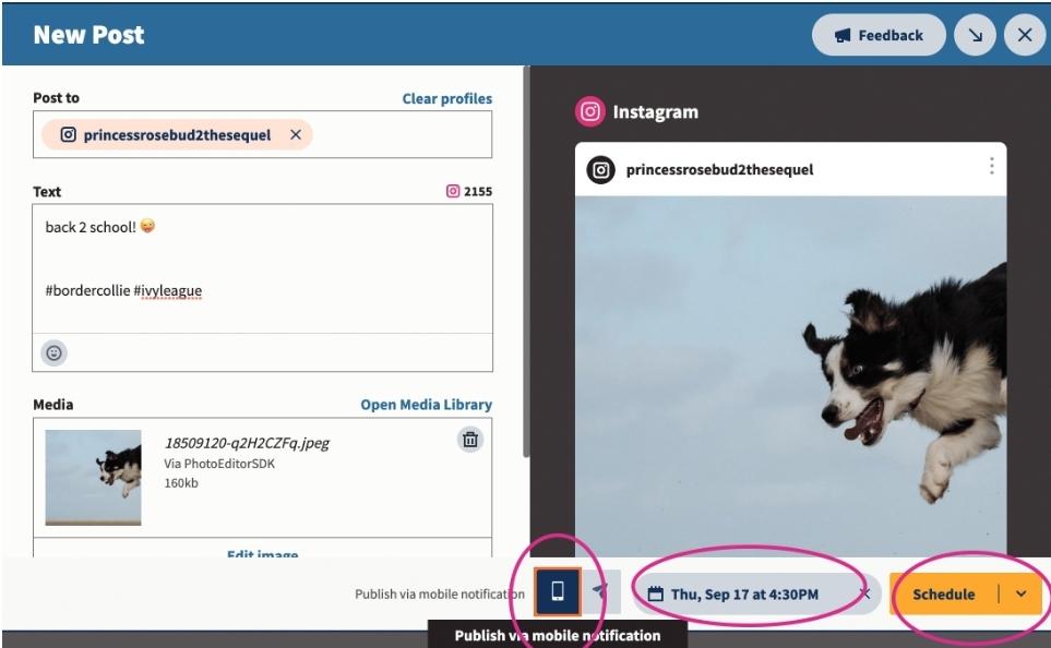 Scheduling an Instagram post to a personal account from Hootsuite Composer