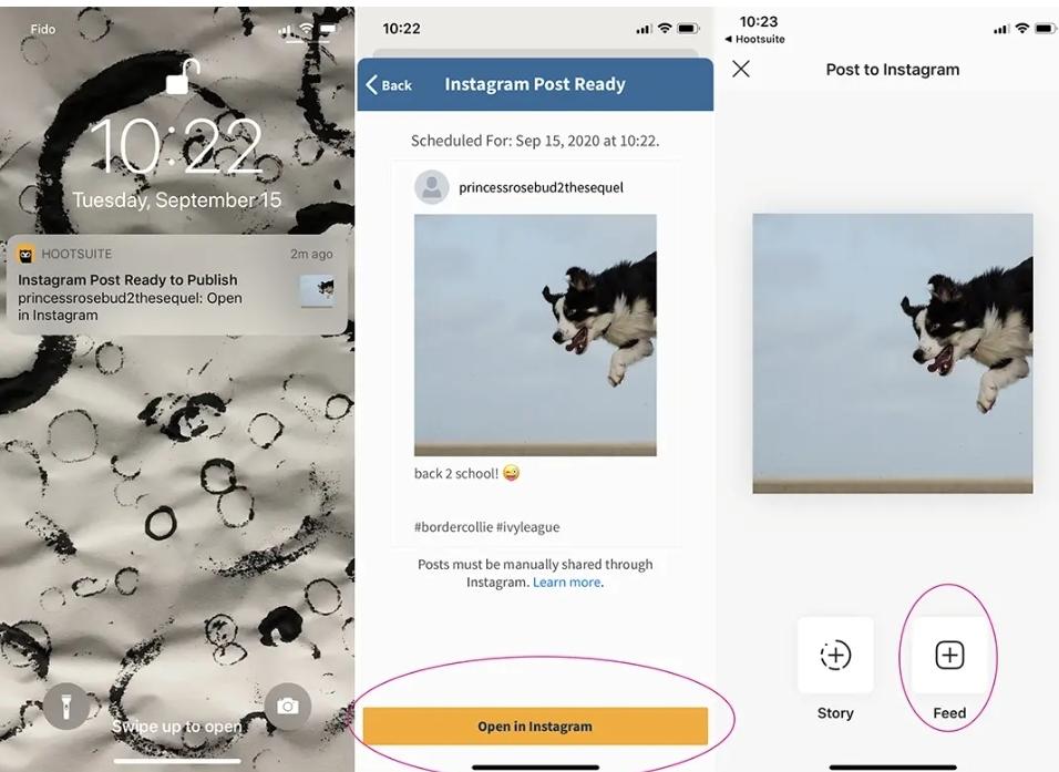 Mobile notification flow for Hootsuite's scheduler for personal Instagram accounts (3 screenshots)