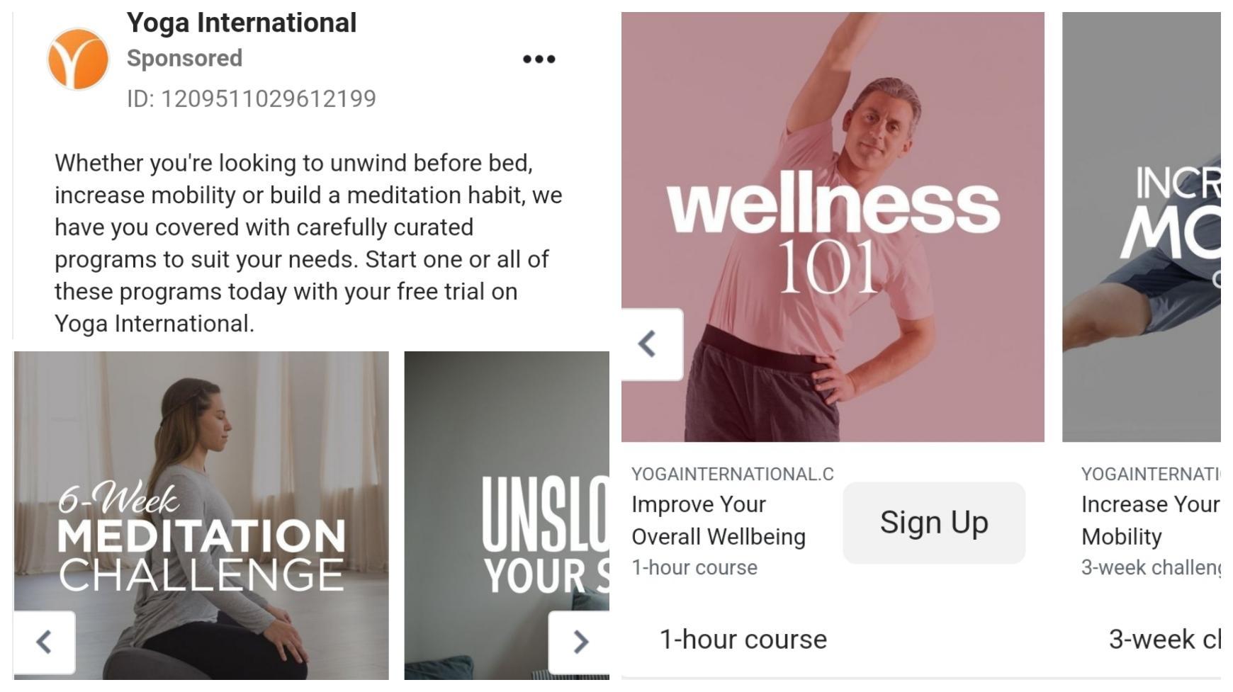 Facebook carousel ad example: Yoga international