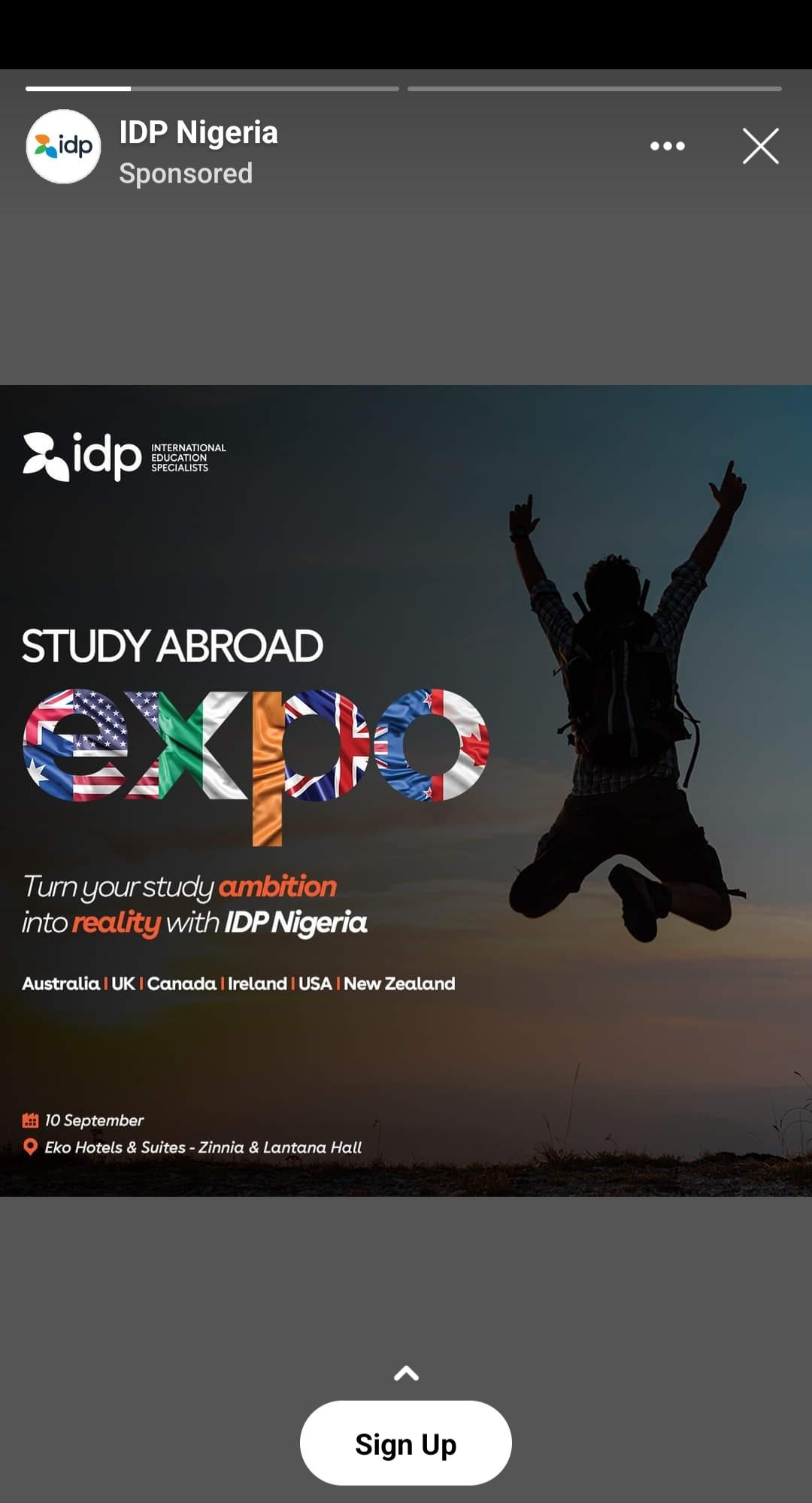 Facebook Story ad example - IDP Nigeria