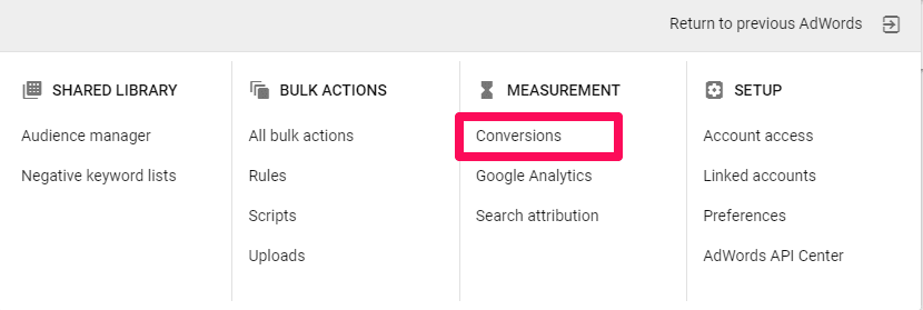 conversions section of adwords dashboard