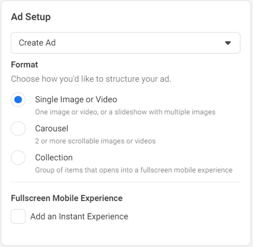 ad setup single image or video
