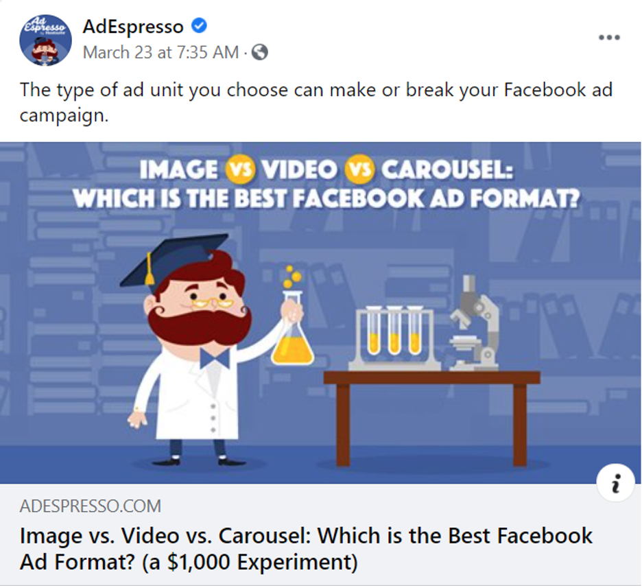 AdEspresso image vs. video vs. carousel