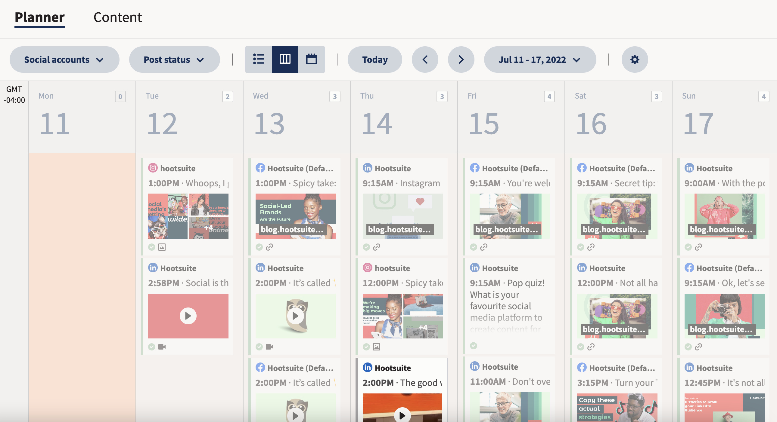 Hootsuite's social media scheduler - calendar view of scheduled posts