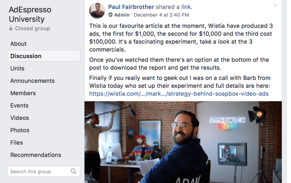 Facebook Group post from AdEspresso University