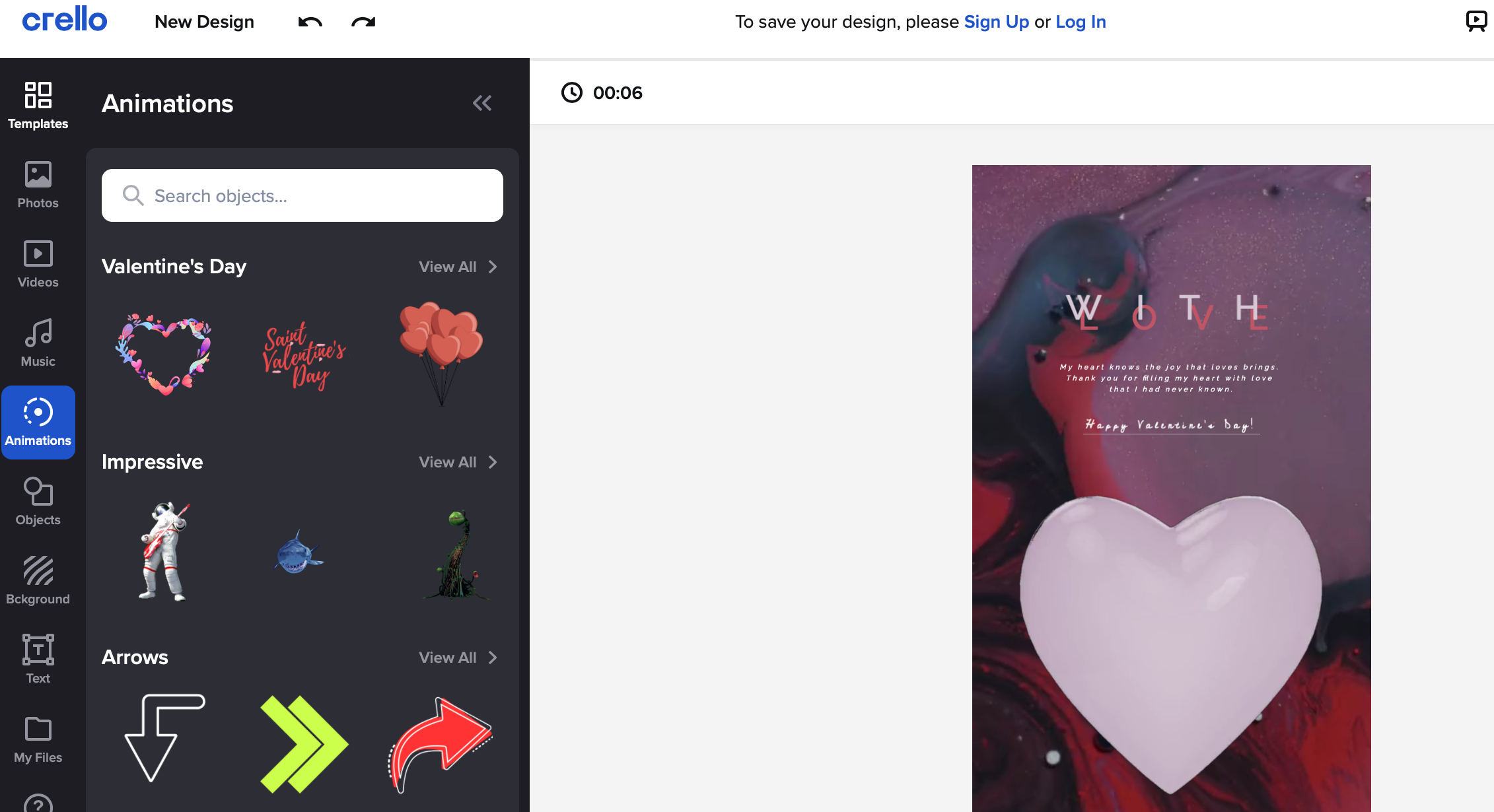 Crello's video creation dashboard showing animation features