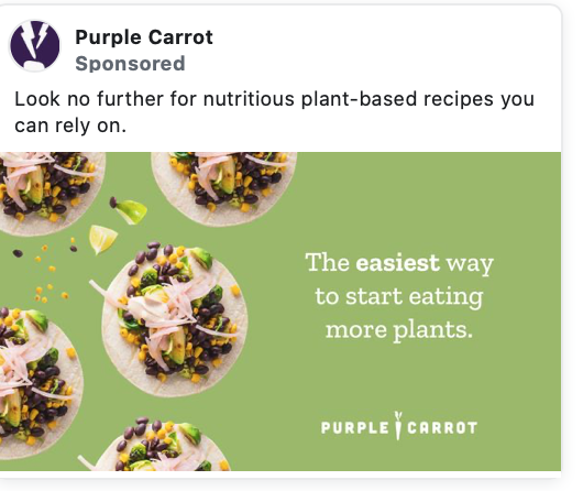 Purple carrot ad showing A/B testing copy