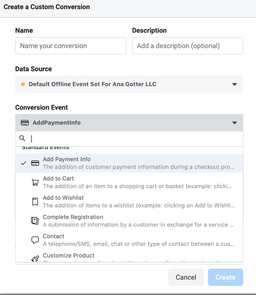 Facebook conversion custom events