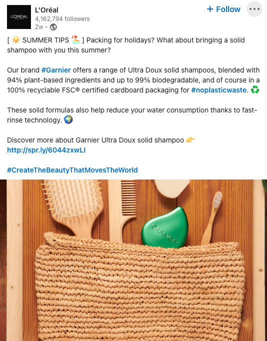 L'Oreal's LinkedIn post promoting the brand Garnier and their eco-friendly products