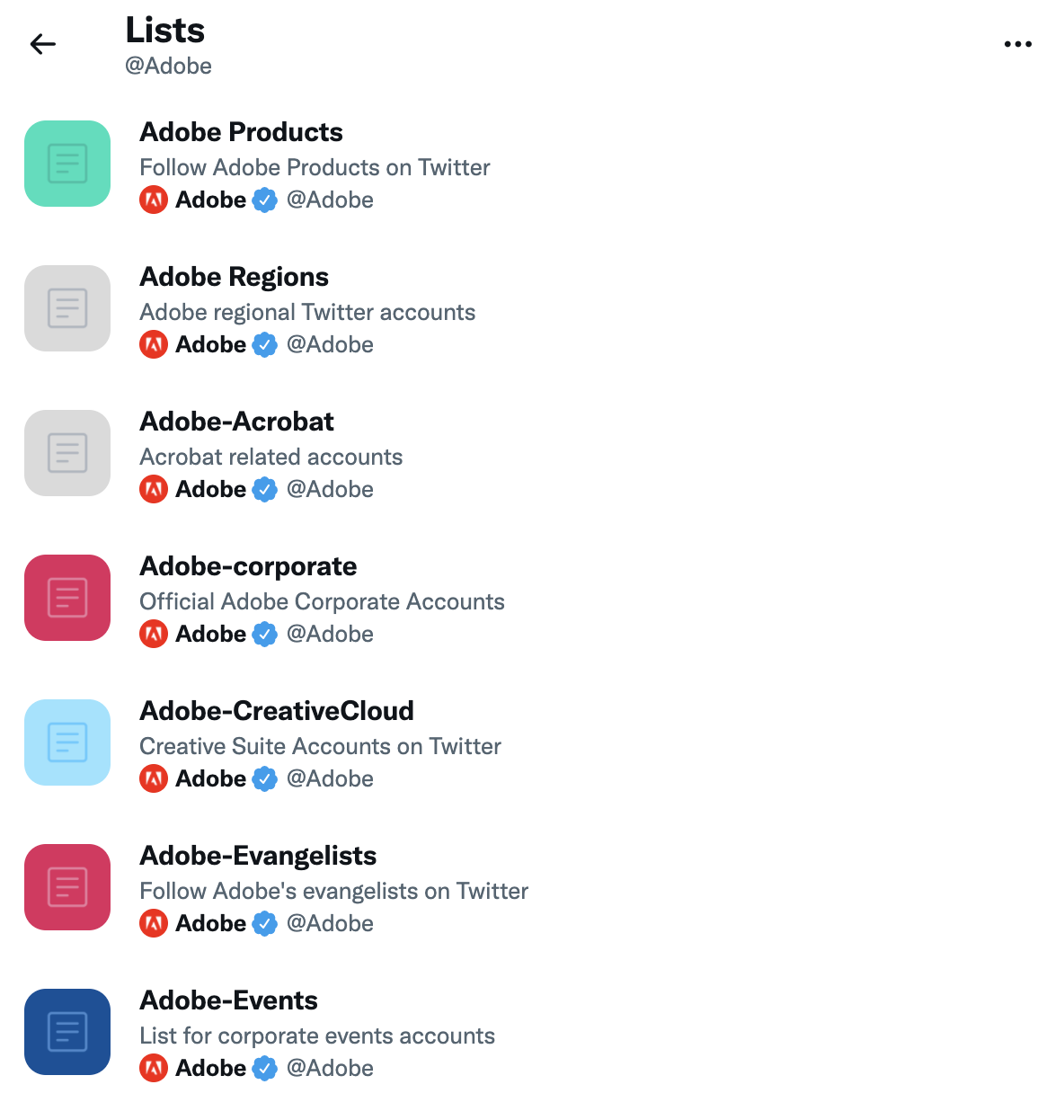 Adobe's lists on Twitter