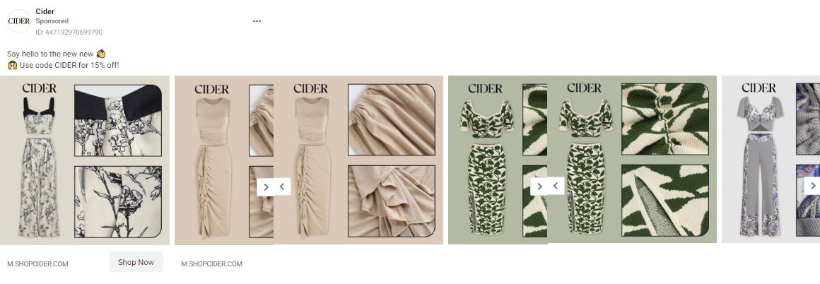 Facebook carousel ad example: Cider