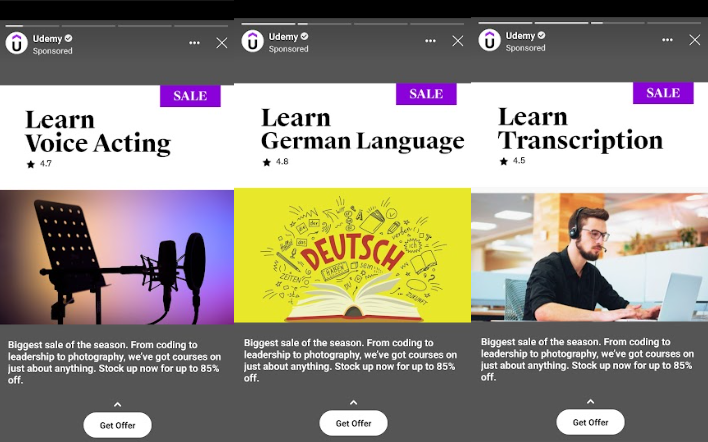 Facebook Story ad example - Udemy