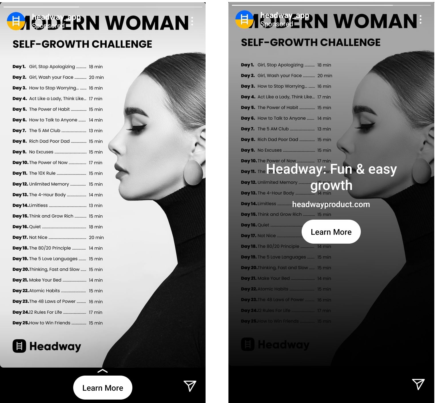 Instagram story ad example from Headway