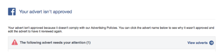 "Your advert isn't approved" dialog in Facebook Ads Manager