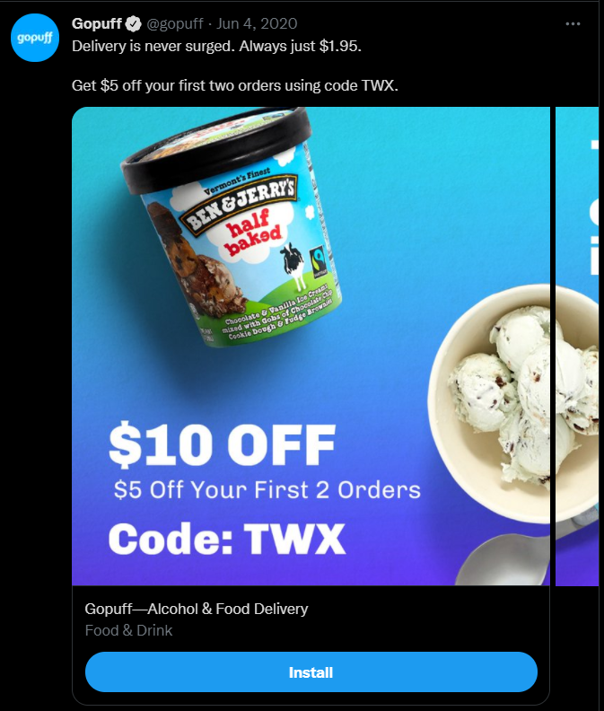 Twitter ad from delivery service GoPuff