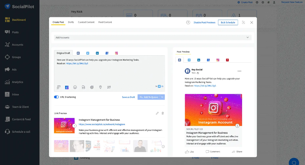 Social Pilot social media scheduler - creating a new post