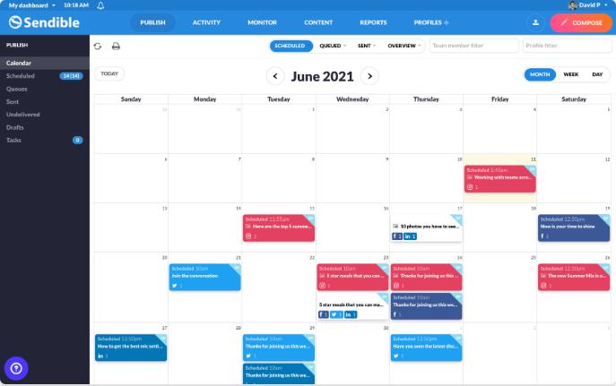 Sendible social media scheduler - calendar view of scheduled posts