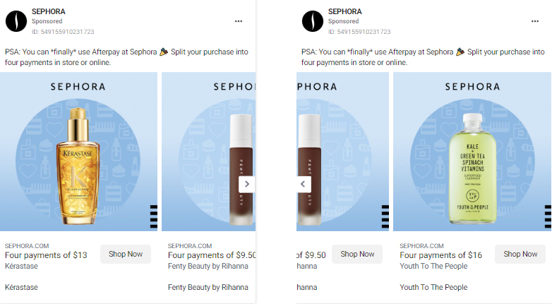 Facebook carousel ad example: Sephora